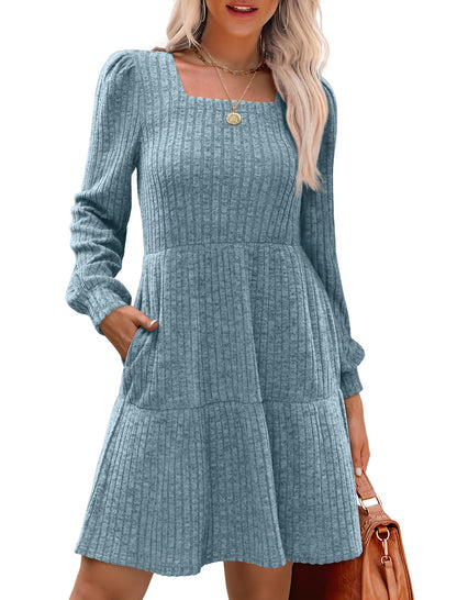 Damen geripptes Kleid mit quadratischem Ausschnitt und Laternenärmeln