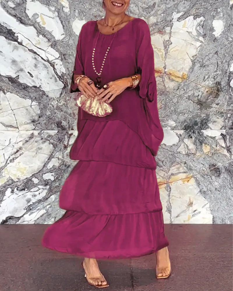 👗✨ Damen Maxikleid mit Rundhalsausschnitt – Elegantes Batwing-Design, Locker & Fließend