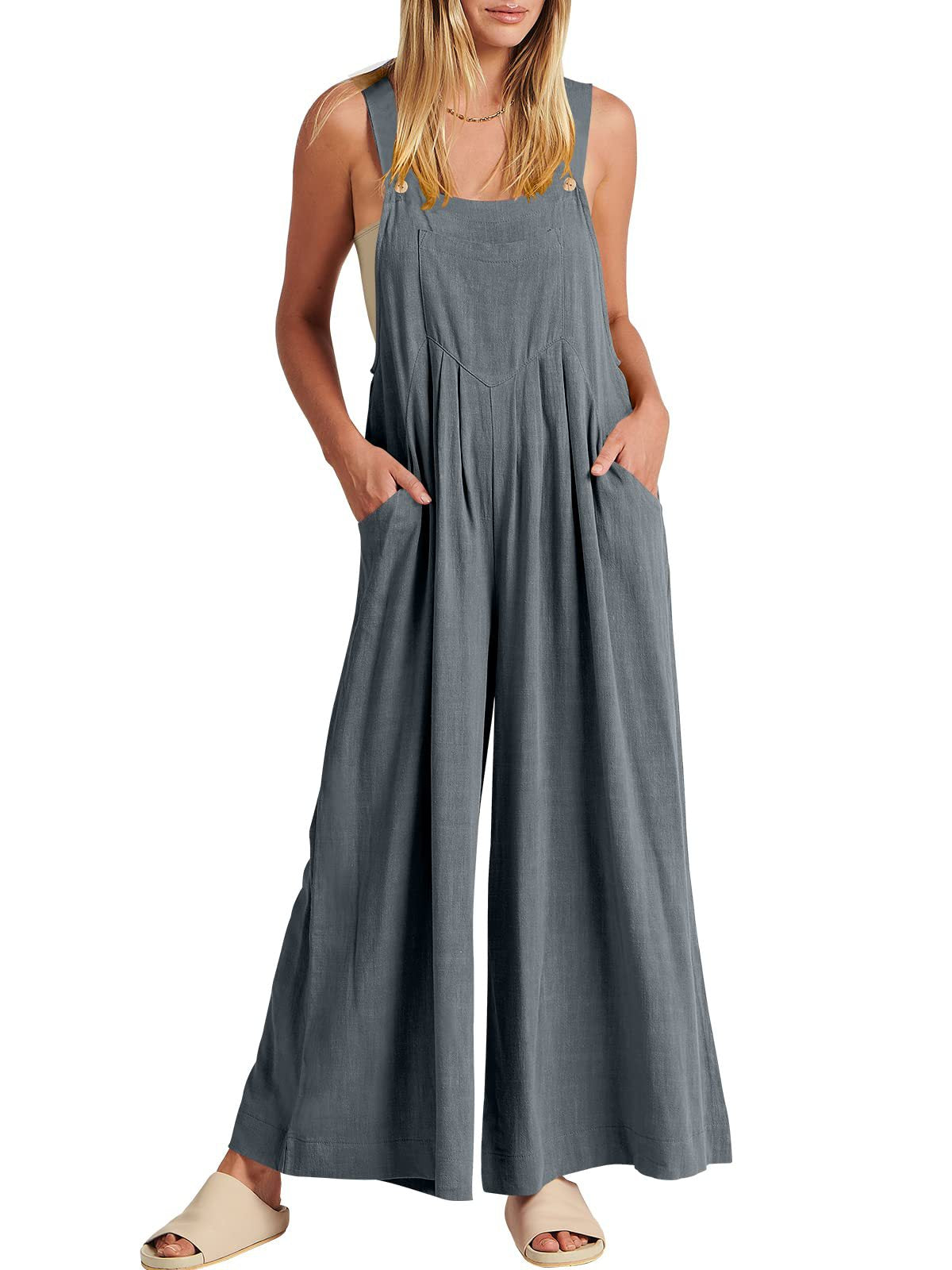 Ärmelloser Jumpsuit für Damen mit weitem Bein und Taschen