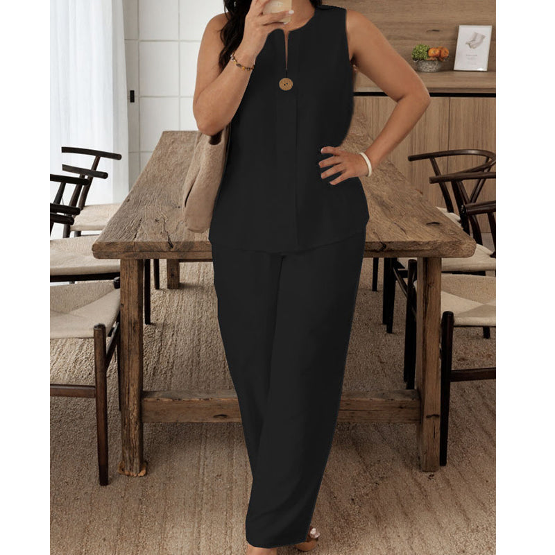 Minimalistisches, ärmelloses Oberteil & Hose mit weitem Bein