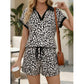 🐆 Women's Leopard Print Short Sleeve Shorts Set – Collared Two-Piece Loungewear, Trendy Summer Outfit for Home, Vacation & Beyond