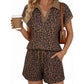 🐆 Women's Leopard Print Short Sleeve Shorts Set – Collared Two-Piece Loungewear, Trendy Summer Outfit for Home, Vacation & Beyond