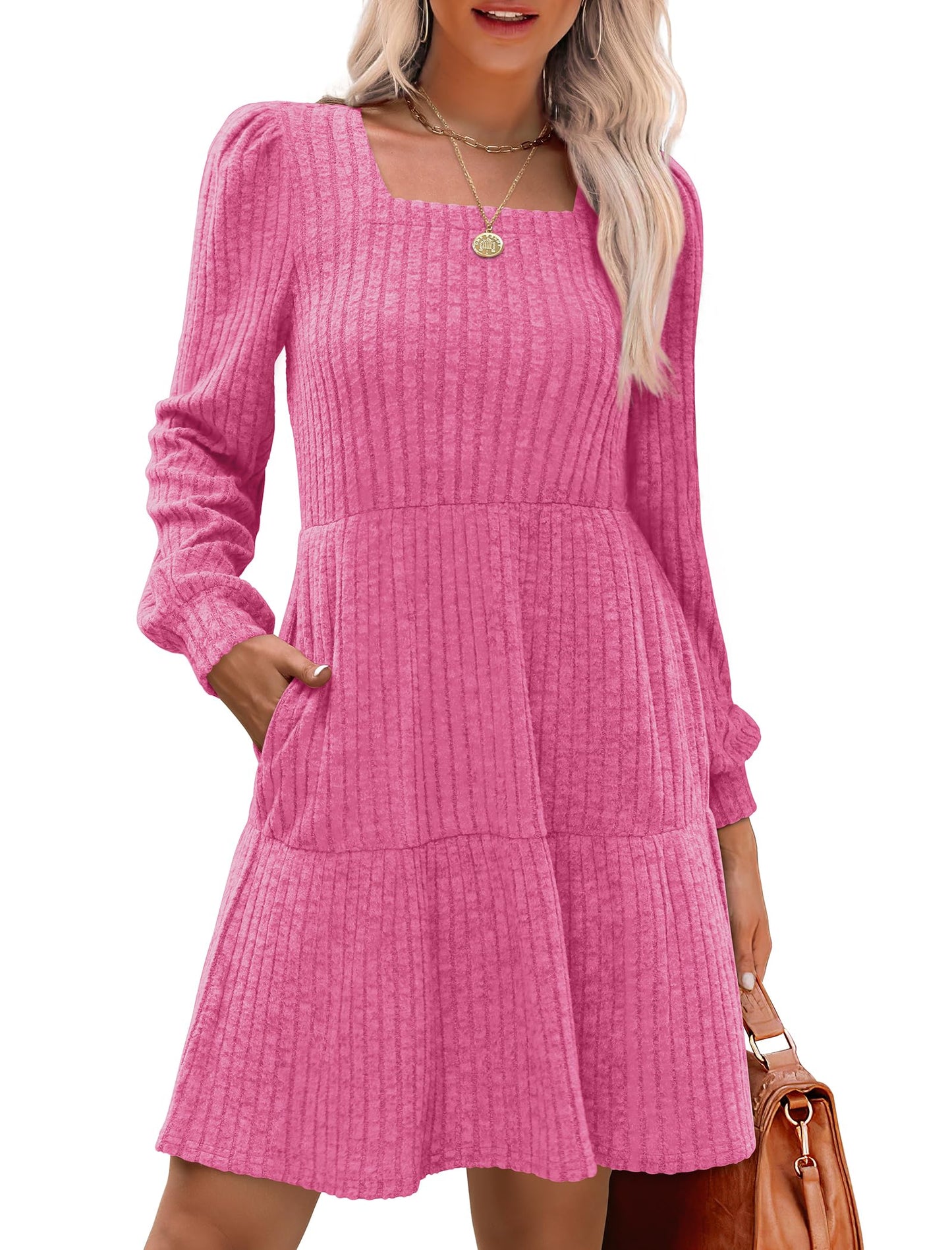 Damen geripptes Kleid mit quadratischem Ausschnitt und Laternenärmeln