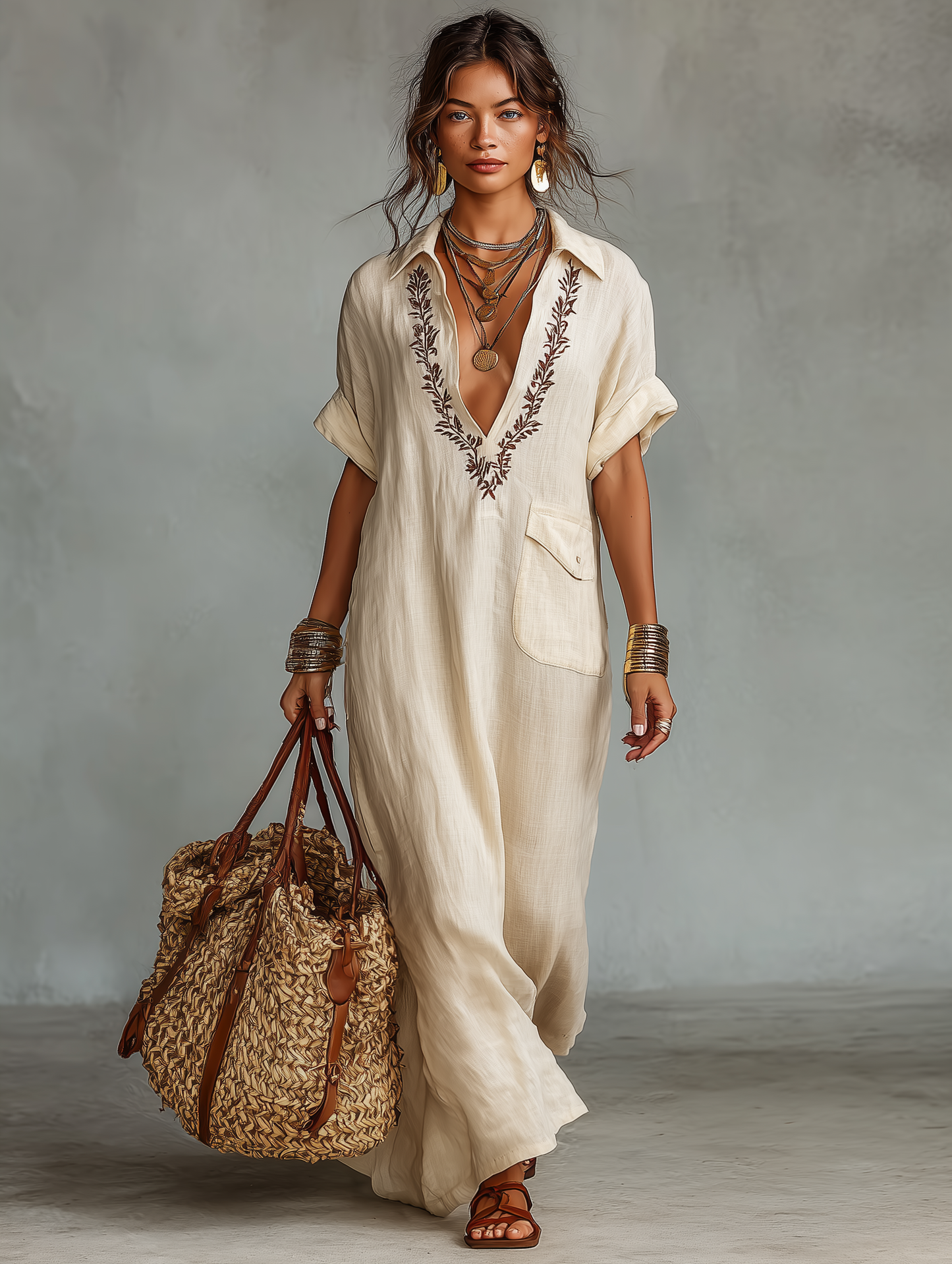 🔥New Arrivals & Special Offers-Women's Minimalist Linen Blend Embroidered Short-sleeved Shirt Maxi Dress