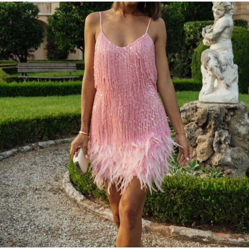 ✨🎅Weihnachtsangebote – Nur für kurze Zeit!⏰Damenkleid mit Federfransen und Pailletten-Spaghettiträgern