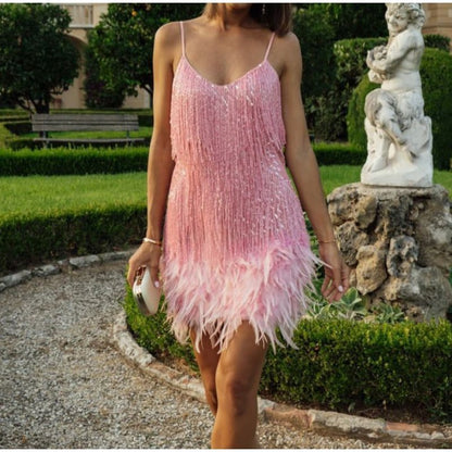 ✨🎅Weihnachtsangebote – Nur für kurze Zeit!⏰Damenkleid mit Federfransen und Pailletten-Spaghettiträgern