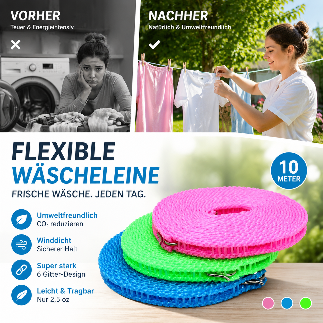 🧺 KAUFE 1, ERHALTE 1 GRATIS! ☀️ Rutschfeste Wäscheleine – UV-beständig & langlebig ✨