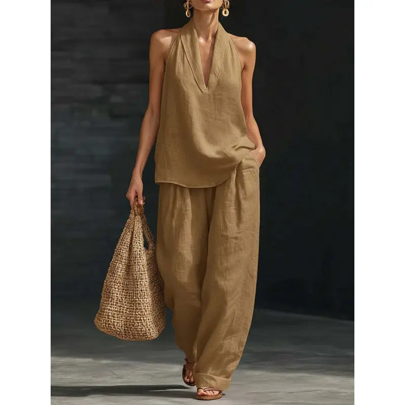 🧚‍♀️ Boho Linen Two Piece Set 🌞 Neckholder Trägertop & Weite Hosen Outfit