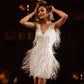 ✨🎅Weihnachtsangebote – Nur für kurze Zeit!⏰Damenkleid mit Federfransen und Pailletten-Spaghettiträgern