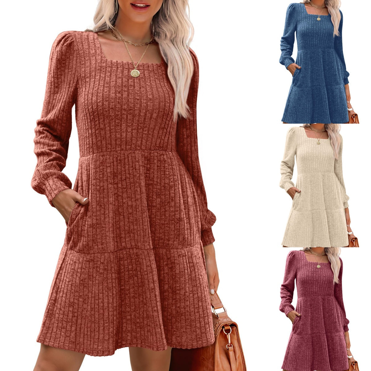 Damen geripptes Kleid mit quadratischem Ausschnitt und Laternenärmeln