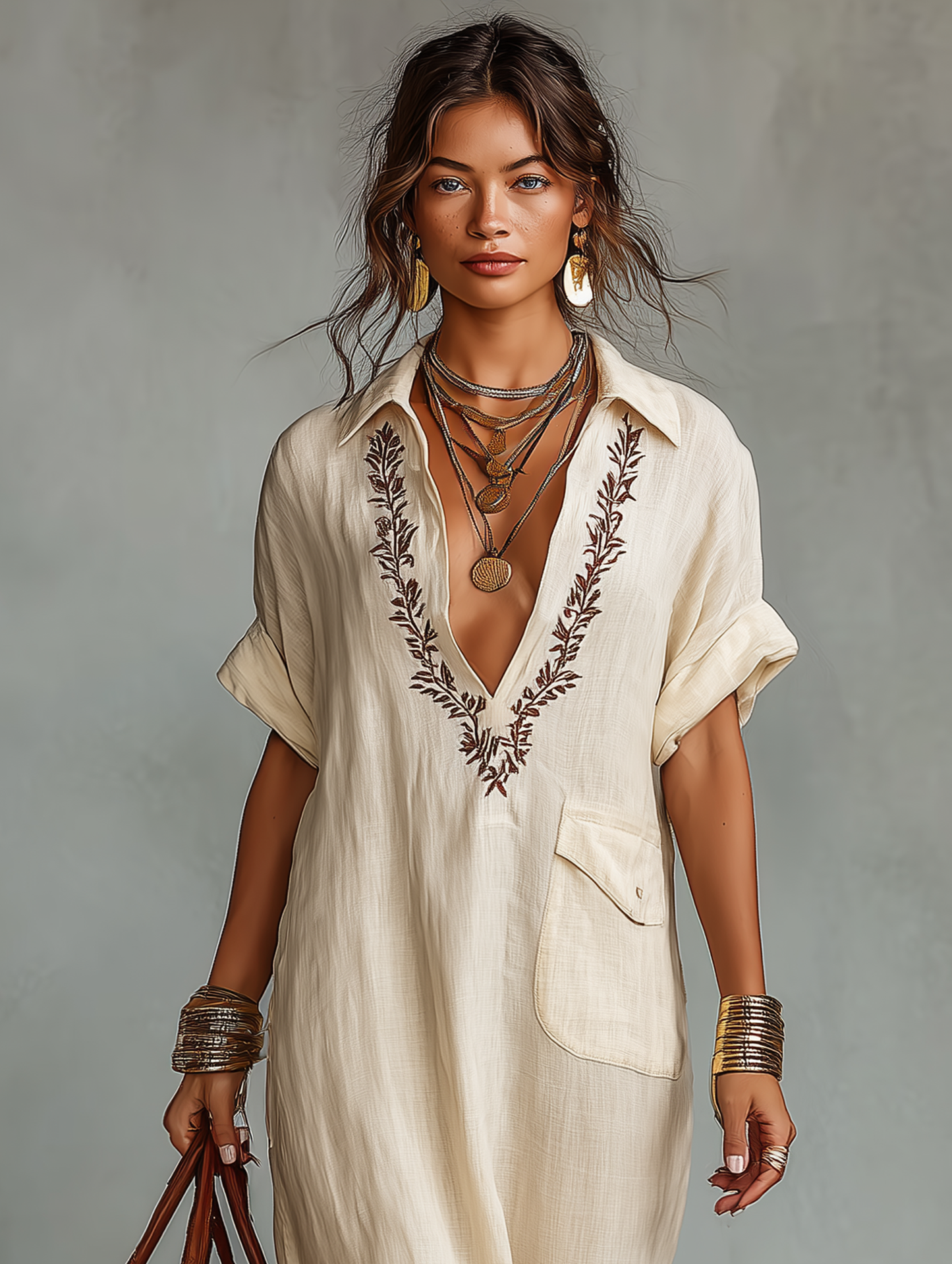 🔥New Arrivals & Special Offers-Women's Minimalist Linen Blend Embroidered Short-sleeved Shirt Maxi Dress