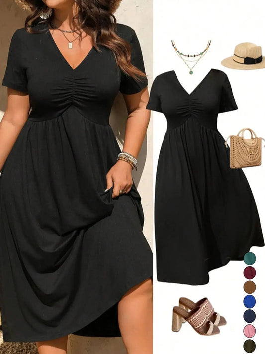 ⏰ 50 % RABATT – Nur für kurze Zeit ✨Midi-Kleid in Übergröße mit V-Ausschnitt, Rüschen und kurzen Ärmeln