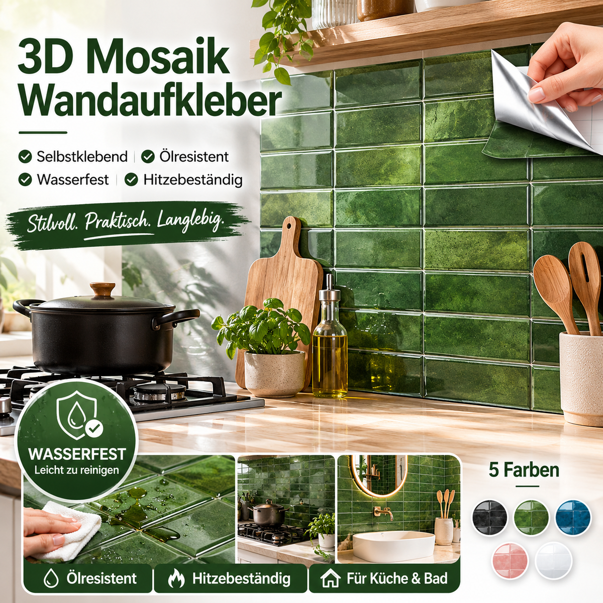 ⏳50% RABATT! 🍳 Selbstklebender Küchen-Spritzschutz aus PET – zuschneidbar, 23×29 cm, in 5 Farben
