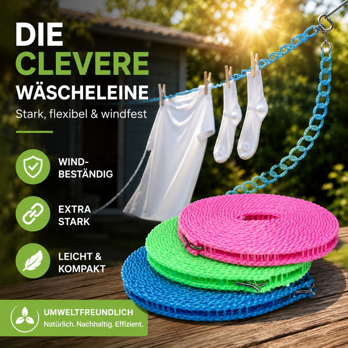 🧺 KAUFE 1, ERHALTE 1 GRATIS! ☀️ Rutschfeste Wäscheleine – UV-beständig & langlebig ✨
