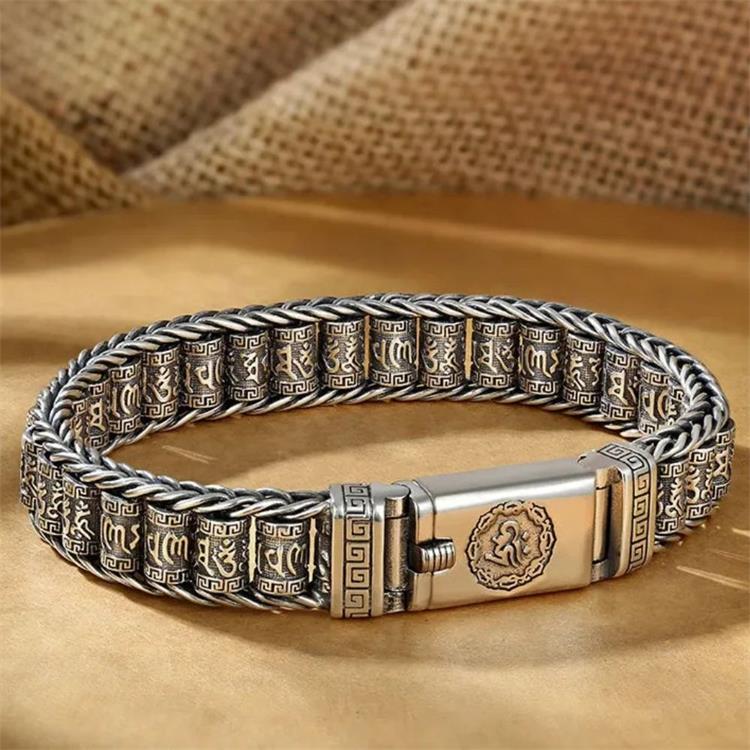 Tibetischer Mantra-Armband – Antikes Thai-Silber mit Drehzylinder, Unisex mit Karabinerverschluss ✨☸️
