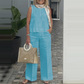 🥼👜בגדי ריקוד נשים פשוט חליפה נושמת - צווארון עגול ללא שרוולים חלק עליון ומכנסיים רחבים ברגל