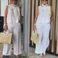 🥼👜בגדי ריקוד נשים פשוט חליפה נושמת - צווארון עגול ללא שרוולים חלק עליון ומכנסיים רחבים ברגל