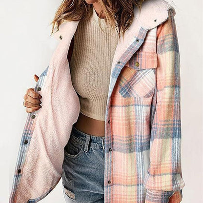 Damen Herbst und Winter verdickter Flanell langärmelige karierte Kapuzenjacke