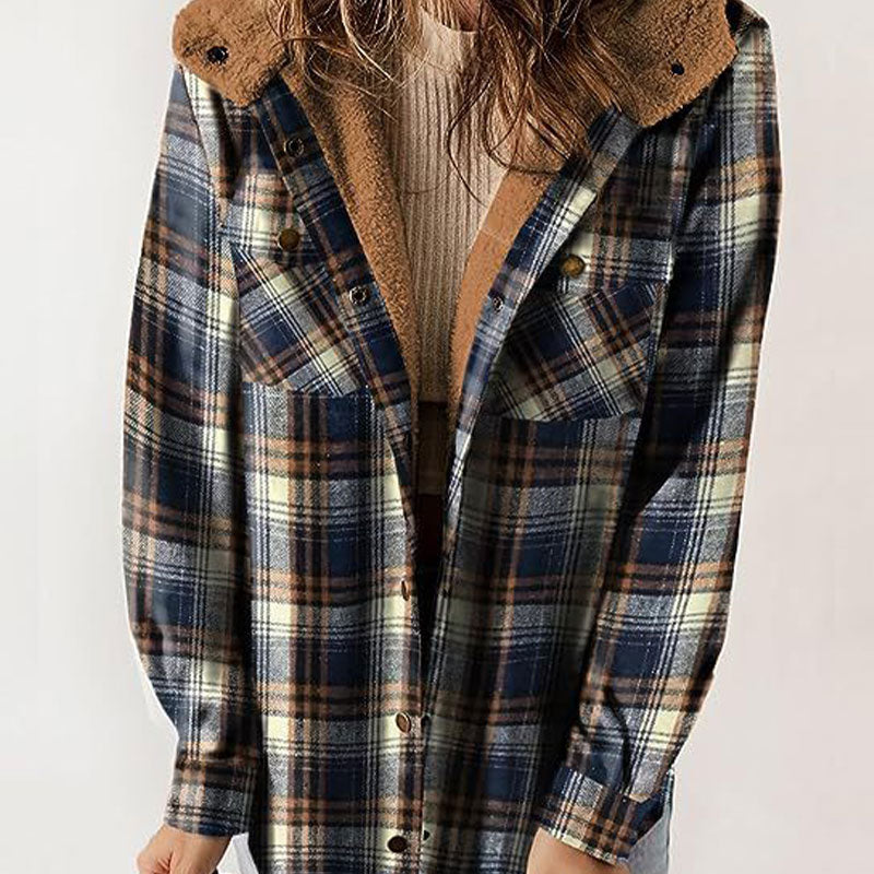 Damen Herbst und Winter verdickter Flanell langärmelige karierte Kapuzenjacke