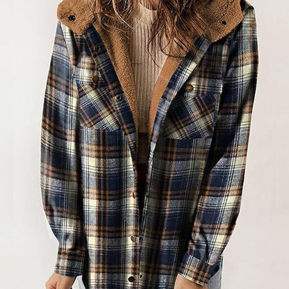 Damen Herbst und Winter verdickter Flanell langärmelige karierte Kapuzenjacke
