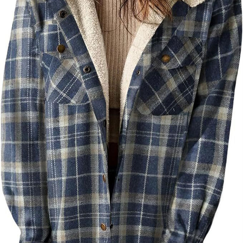 Damen Herbst und Winter verdickter Flanell langärmelige karierte Kapuzenjacke