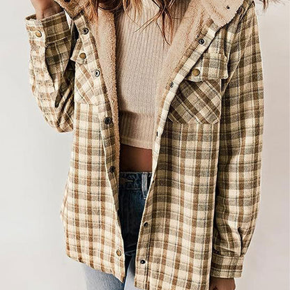 Damen Herbst und Winter verdickter Flanell langärmelige karierte Kapuzenjacke