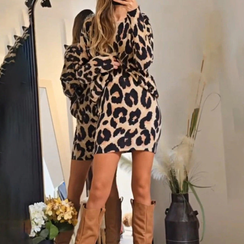 Rundhals-Ausschnitt Leopardenmuster elegantes Minikleid