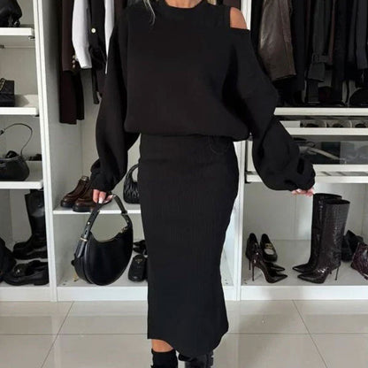 🍂Damen-Set mit Sweatshirt mit schrägen Schultern und ärmellosem Kleid🌸