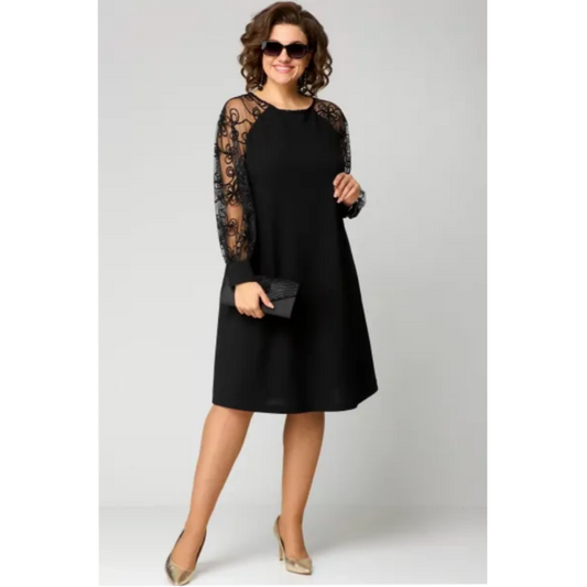 ⌛ Nur noch 3 Tage – 50 % auf alles! ⏰Spitzen-Patchwork-Kleid mit Rundhalsausschnitt und langen Ärmeln