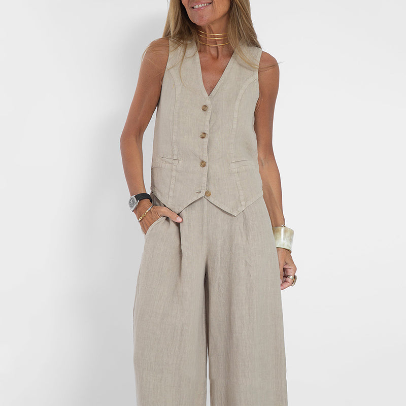 Zweiteiliges Damen-Set aus Leinenweste und weiten Hosen