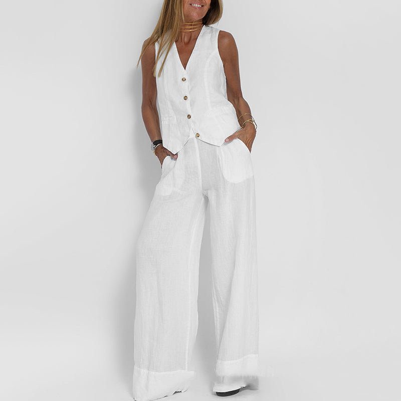 Zweiteiliges Damen-Set aus Leinenweste und weiten Hosen