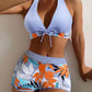 ✨Zweiteiliger Neckholder-Badeanzug mit V-Ausschnitt und Blattmuster👙💞