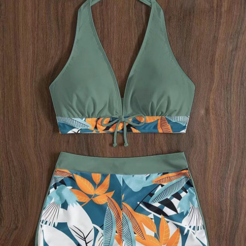 ✨Zweiteiliger Neckholder-Badeanzug mit V-Ausschnitt und Blattmuster👙💞