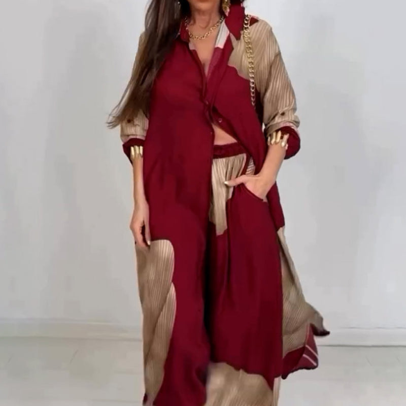 Elegantes und sinnliches Set aus langem Blusen-Shirt mit Druck und weiter Hose