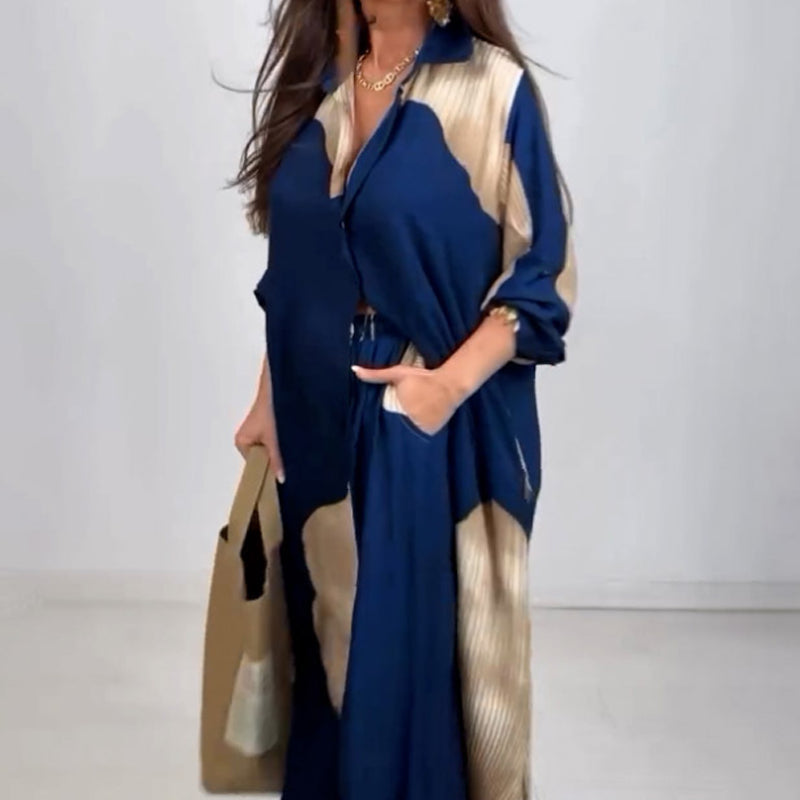 Elegantes und sinnliches Set aus langem Blusen-Shirt mit Druck und weiter Hose