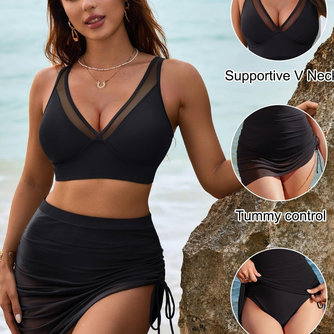 🌞Frühlingserwachen: 50% Rabatt!🏖️ Damen 3-teiliges Bikini-Set mit Hochtailliertem Slip & Schwimrock – Mesh-Details, Kordelzug & Bauchkontrolle
