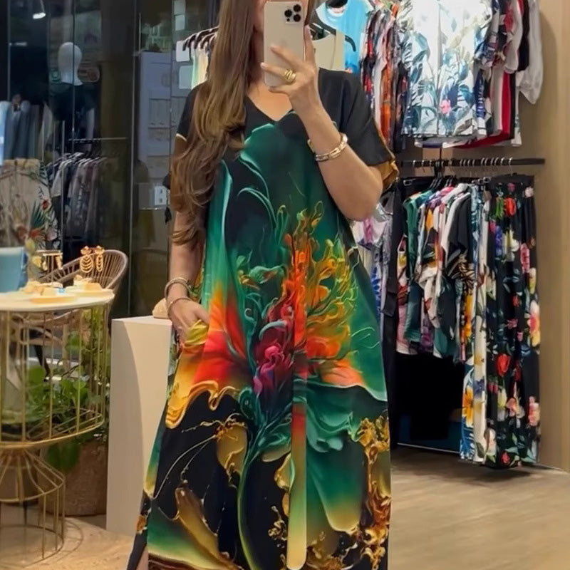 💕 Damen lässiges locker sitzendes V-Ausschnitt-Print-Kurzarmkleid