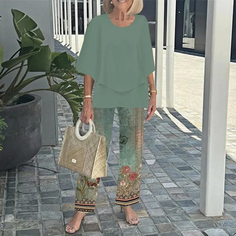 🔥LAST DAY SALE - 49% RABATT💃Damen-Print-Hose mit Rundhals-Top-Set
