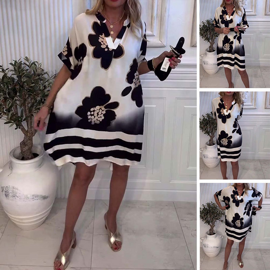 Sommerkleid mit V-Ausschnitt & floralem Druck – Leicht pflegbar in Polyester-Viskose-Mischung