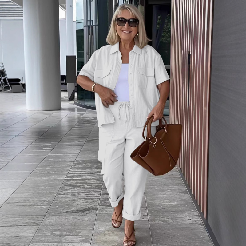 ☀️ Set aus kurzärmligem Hemd und lockerer Hose aus Baumwolle und Leinen