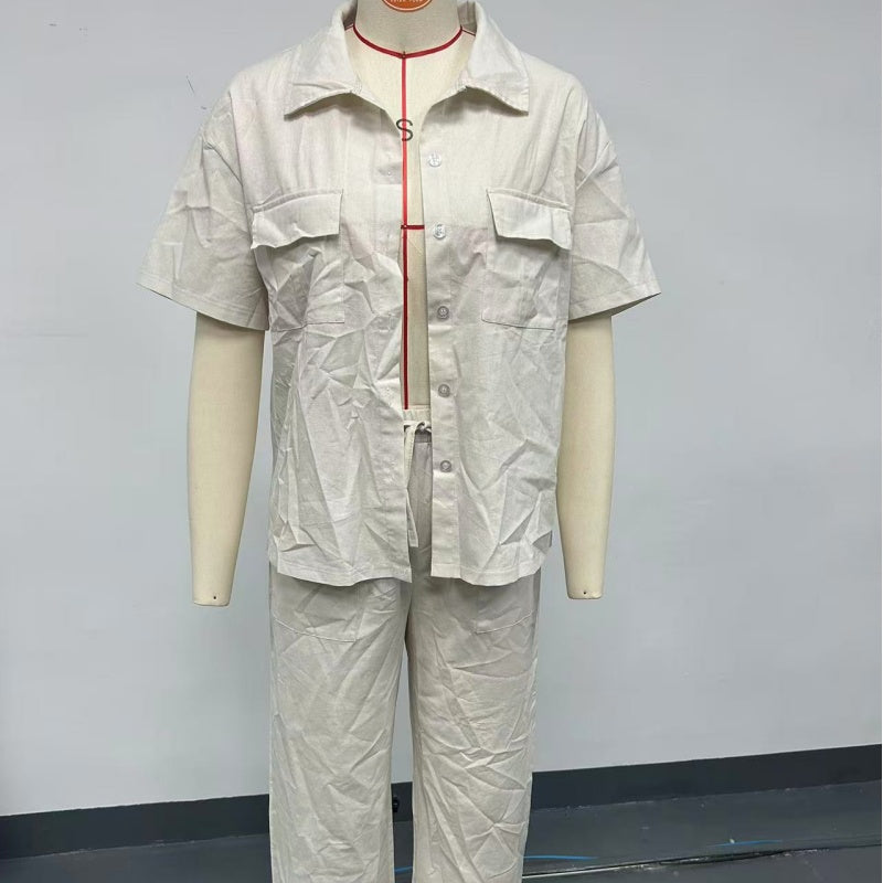 ☀️ Set aus kurzärmligem Hemd und lockerer Hose aus Baumwolle und Leinen