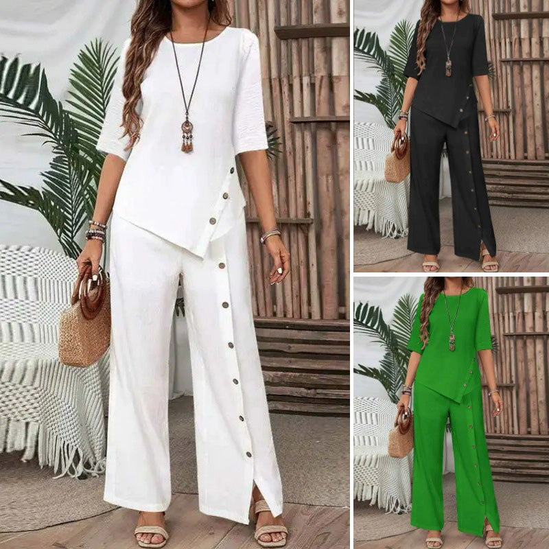 🌸 Frühjahrs-Neuheiten: 50% Rabatt in 3 Tagen! ⏳Asymmetrisches Top mit weiter Hose – Zweiteiliges Damen-Outfit für Beruf und Freizeit