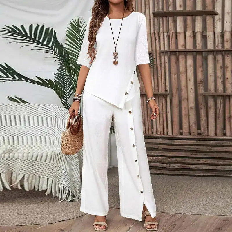 Asymmetrisches Top mit weiter Hose – Zweiteiliges Damen-Outfit für Beruf und Freizeit