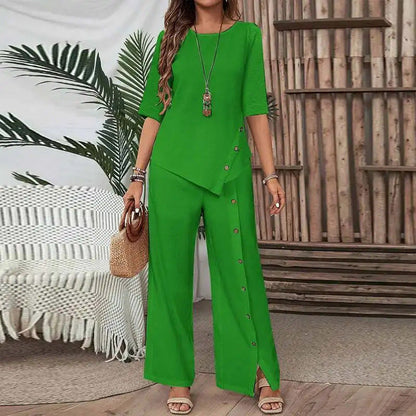 Asymmetrisches Top mit weiter Hose – Zweiteiliges Damen-Outfit für Beruf und Freizeit