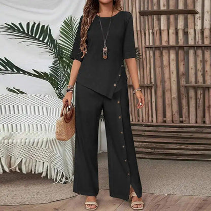 Asymmetrisches Top mit weiter Hose – Zweiteiliges Damen-Outfit für Beruf und Freizeit