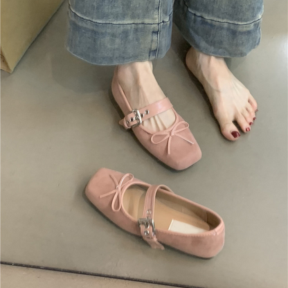 Elegante Mary-Jane Flachschuhe für Damen mit eckiger Spitze, Schnalle und Schleifendetail