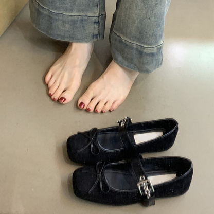Elegante Mary-Jane Flachschuhe für Damen mit eckiger Spitze, Schnalle und Schleifendetail