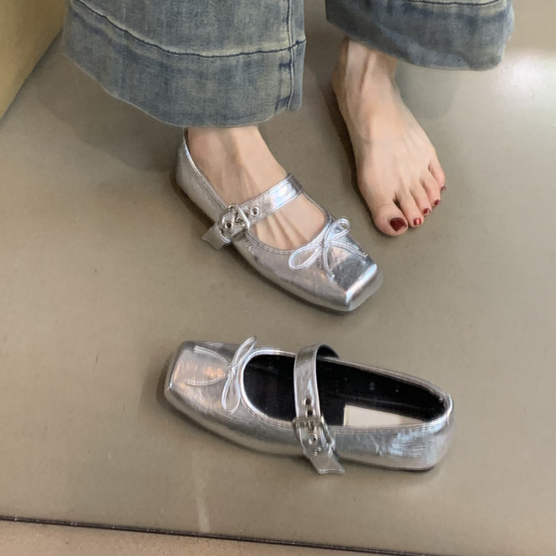 Elegante Mary-Jane Flachschuhe für Damen mit eckiger Spitze, Schnalle und Schleifendetail