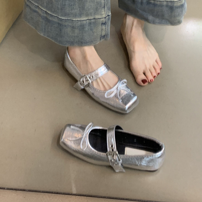 Elegante Mary-Jane Flachschuhe für Damen mit eckiger Spitze, Schnalle und Schleifendetail
