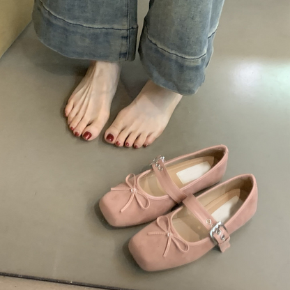 Elegante Mary-Jane Flachschuhe für Damen mit eckiger Spitze, Schnalle und Schleifendetail